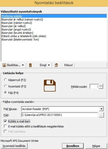Proforma számla nyomtatása